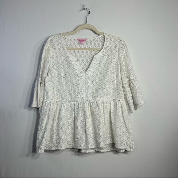 Lilly Pulitzer Inez White Eyelet Lace Diamond Geo Lace Resort Romantic Top Sz S - Picture 2 of 13